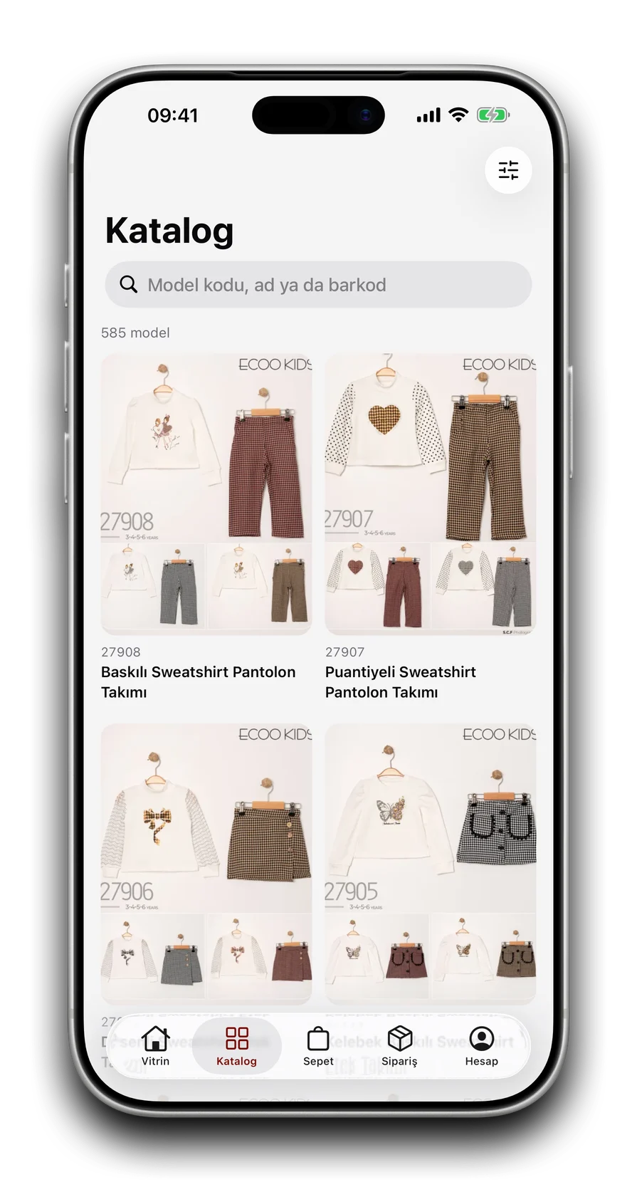 Ecoo Kids B2B uygulamasında katalog ekranı